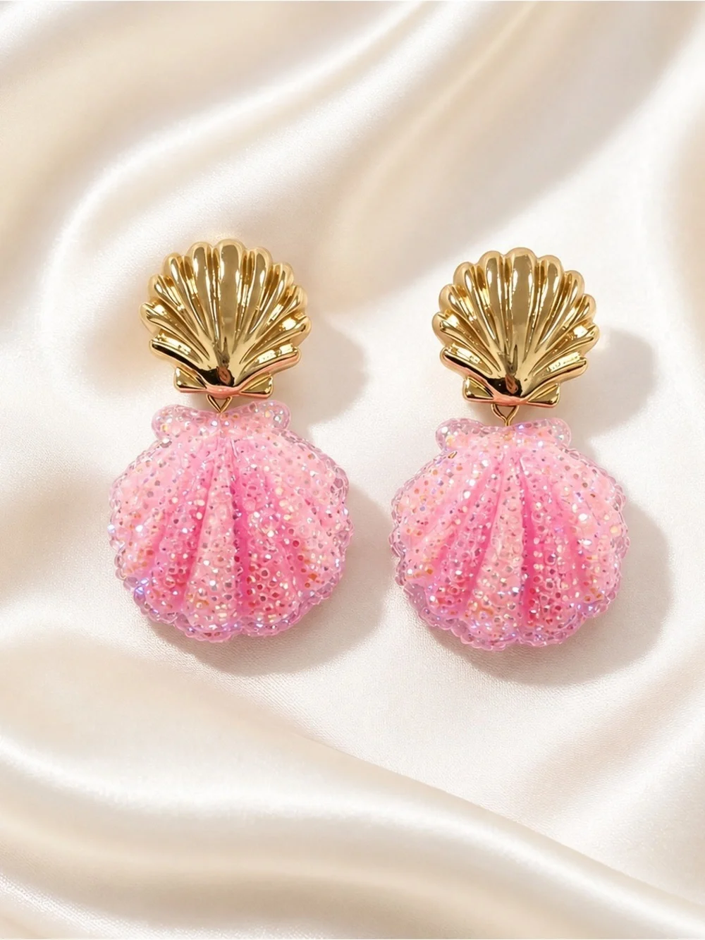 Pink Seashell Gold Earrings  Beach Coastal Glam Sparkle
